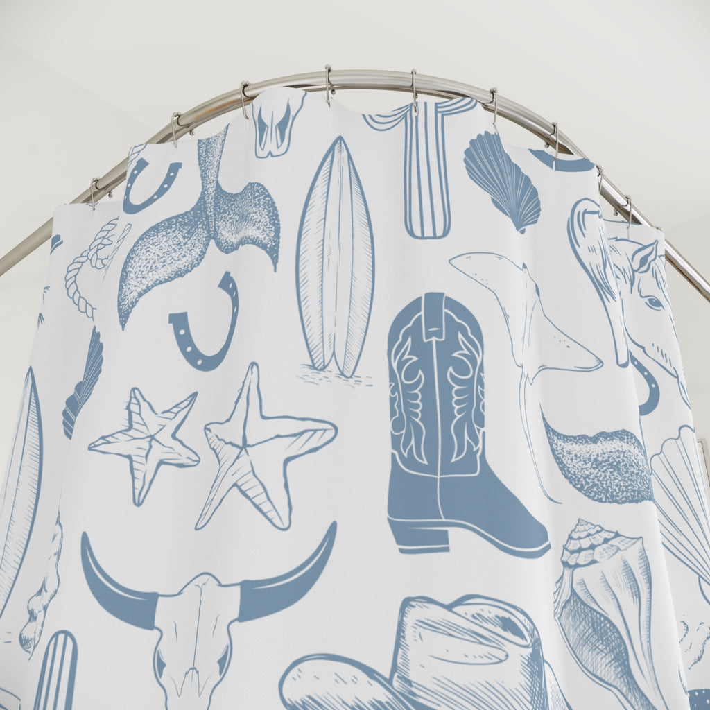 Coastal Cowgirl White & Blue Shower Curtain