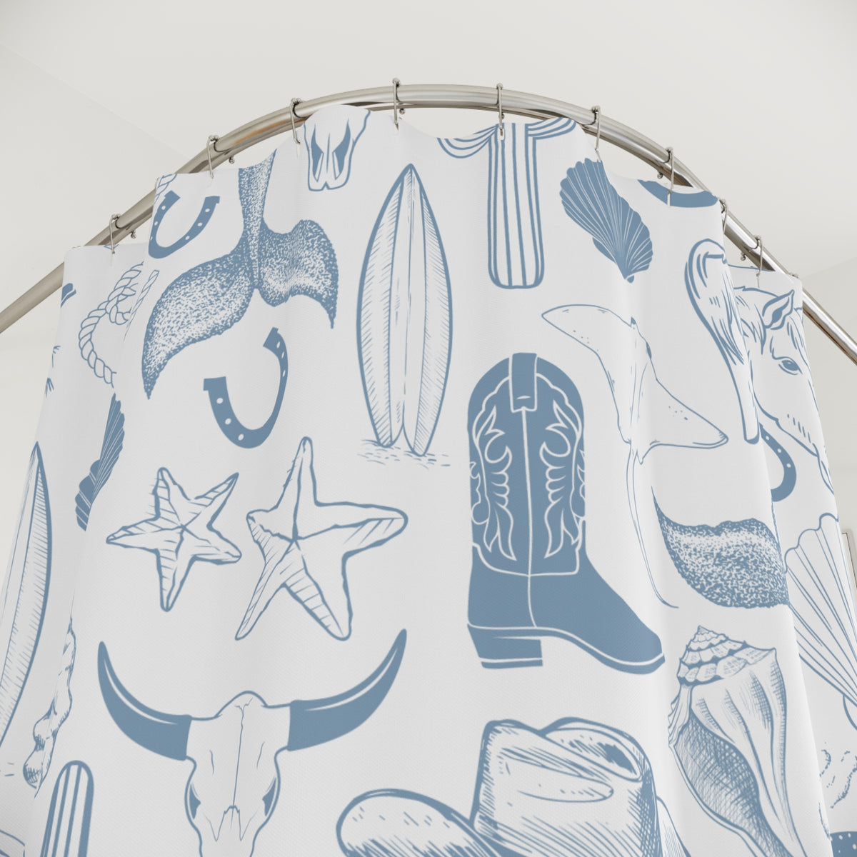 Coastal Cowgirl White & Blue Shower Curtain