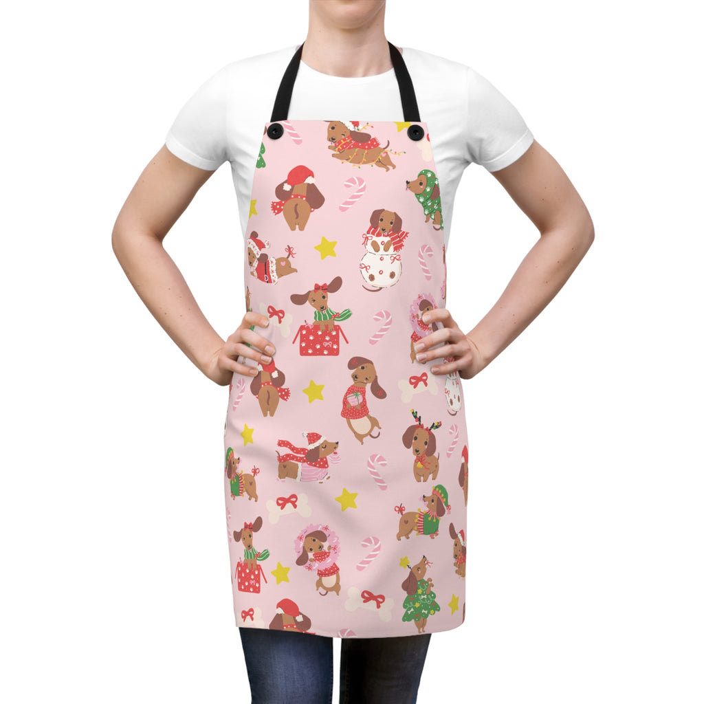 Cute Christmas Doxies Kitchen Apron, Pink