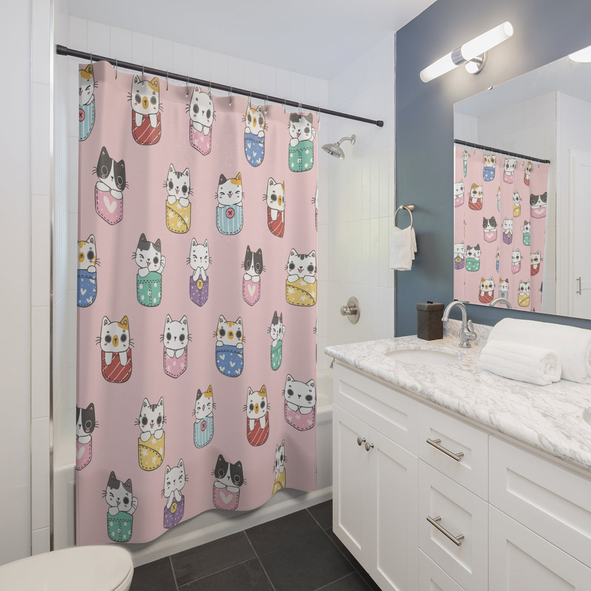 Pink Pocket Cats Shower Curtain