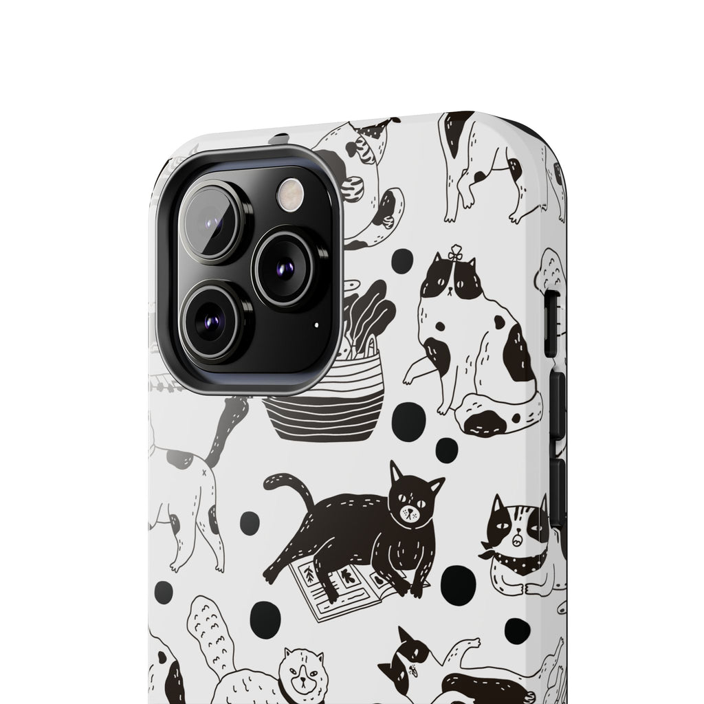 Black and White Doodle Cats Tough iPhone Case