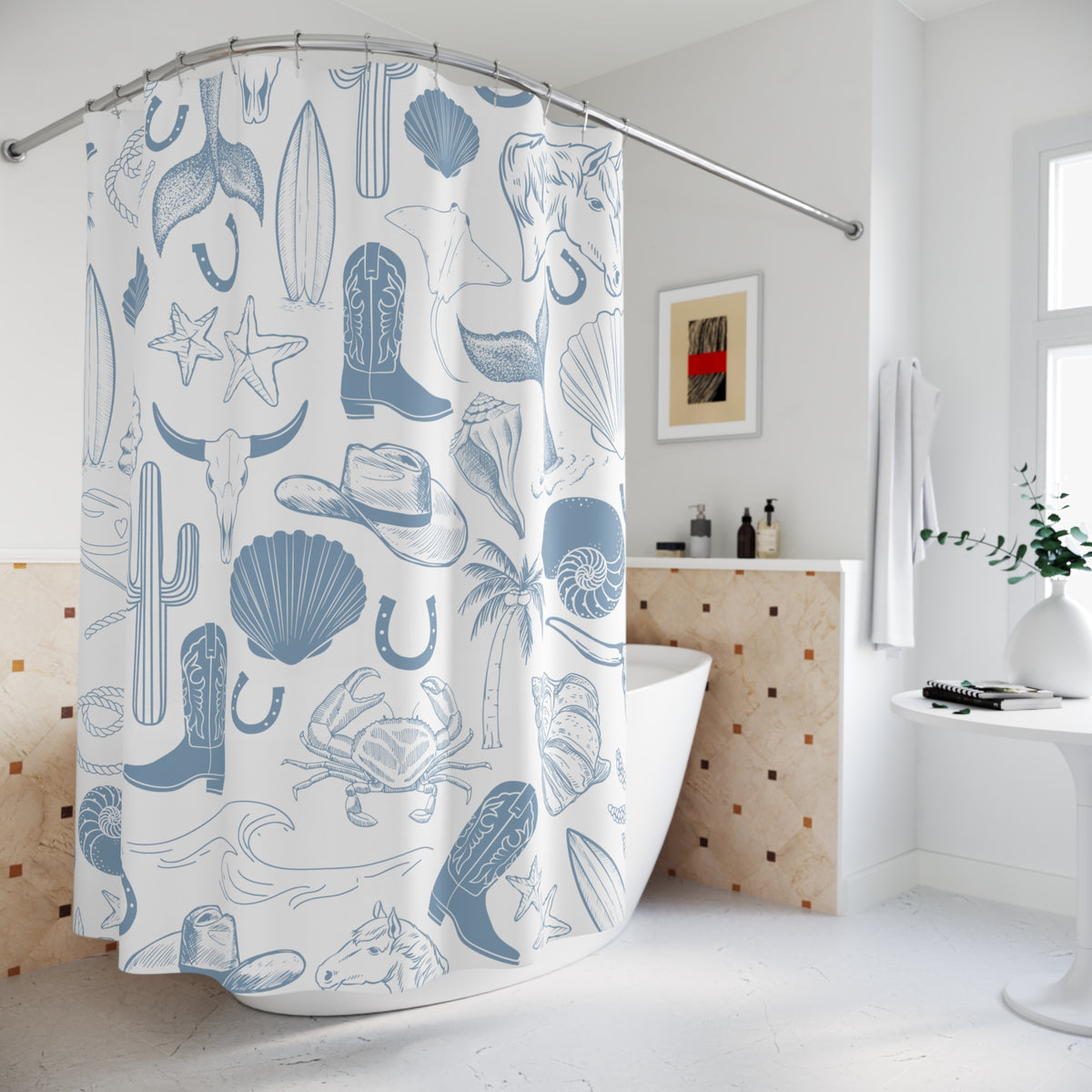 Coastal Cowgirl White & Blue Shower Curtain
