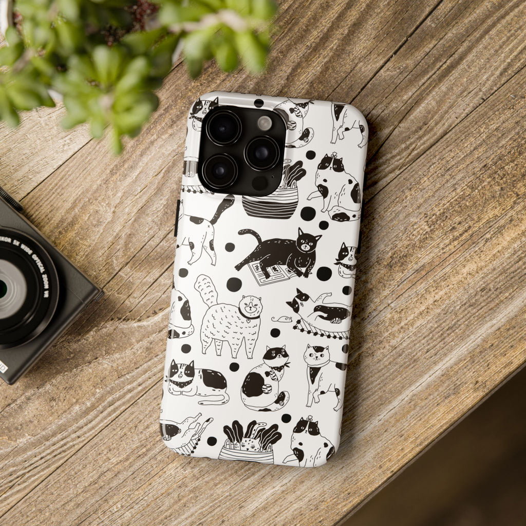 Black and White Doodle Cats Tough iPhone Case