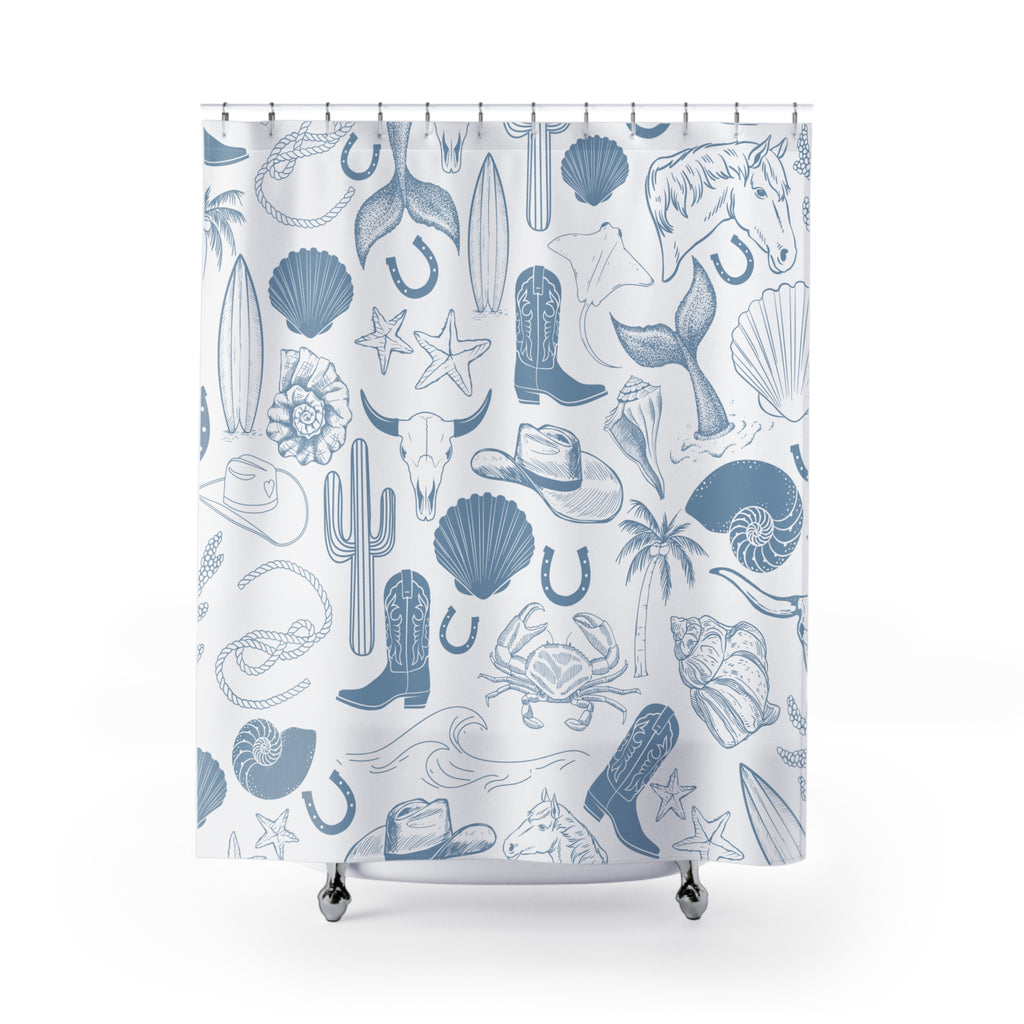 Coastal Cowgirl White & Blue Shower Curtain