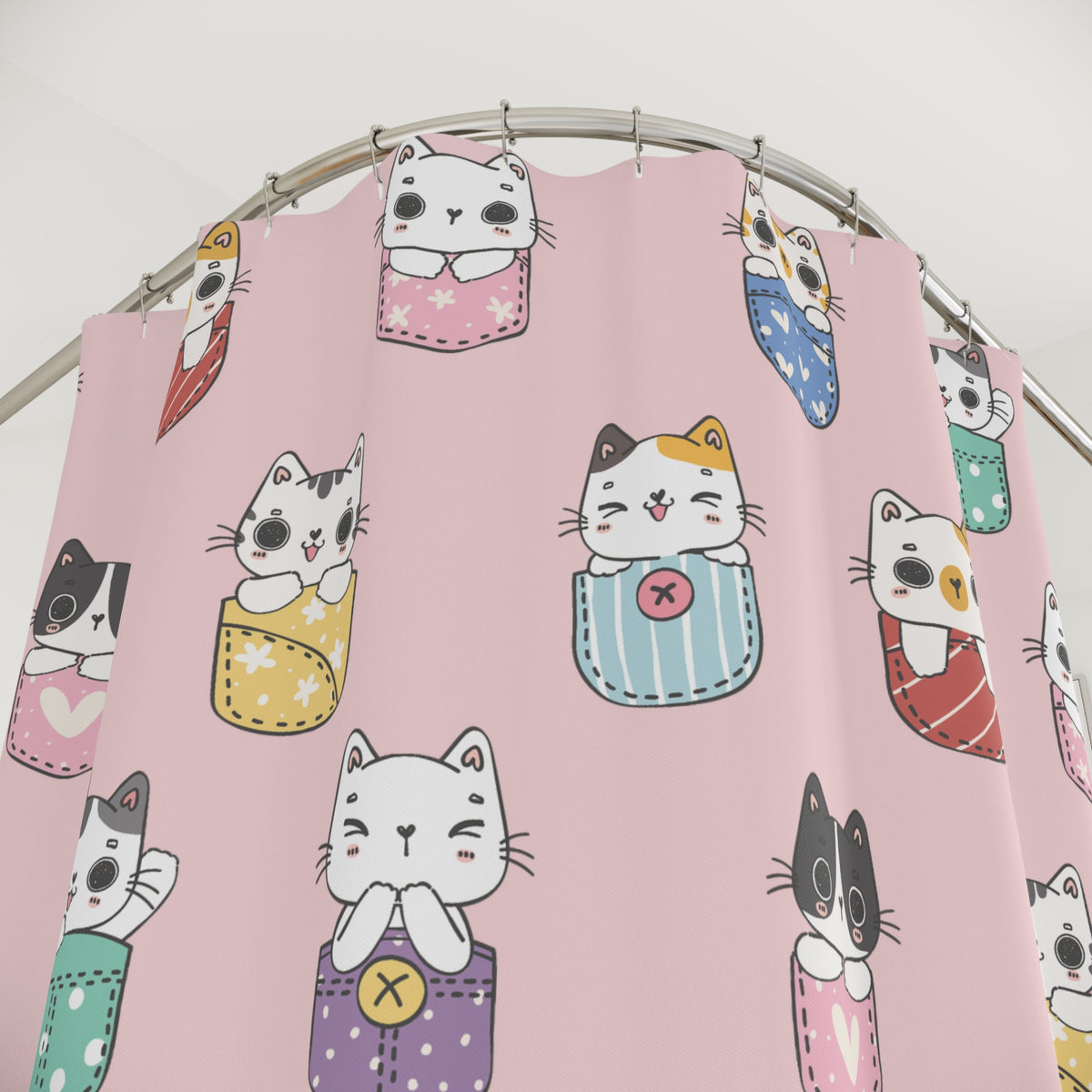Pink Pocket Cats Shower Curtain
