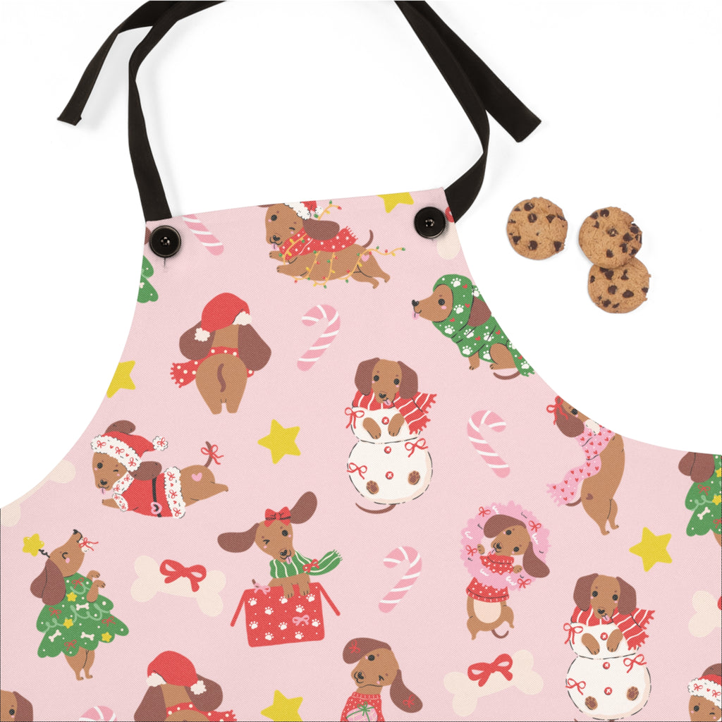 Cute Christmas Doxies Kitchen Apron, Pink