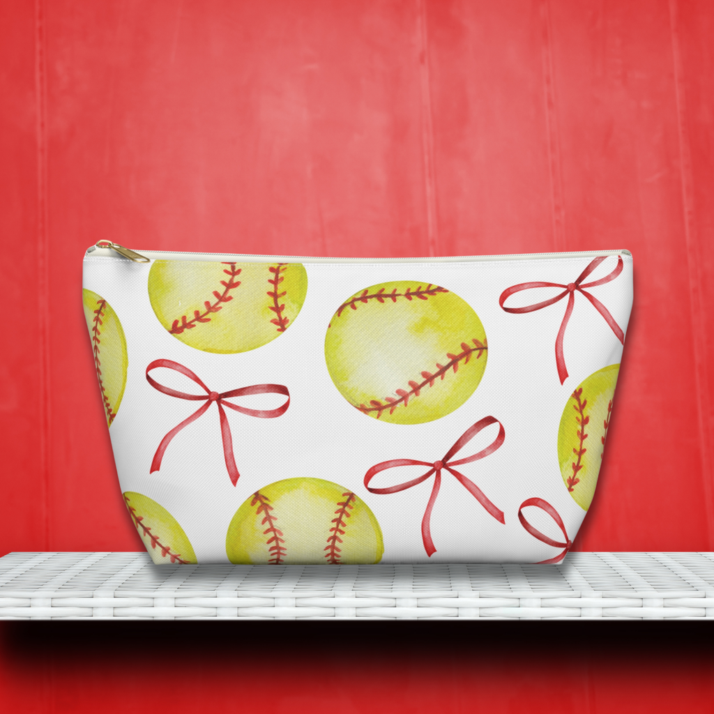 Coquette Softball Zipper Pouch, Makeup Bag
